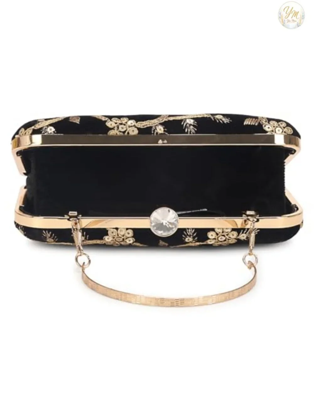 Hand Crafted Embroidered Box Clutch with Crystal Clasp and Chain Strap